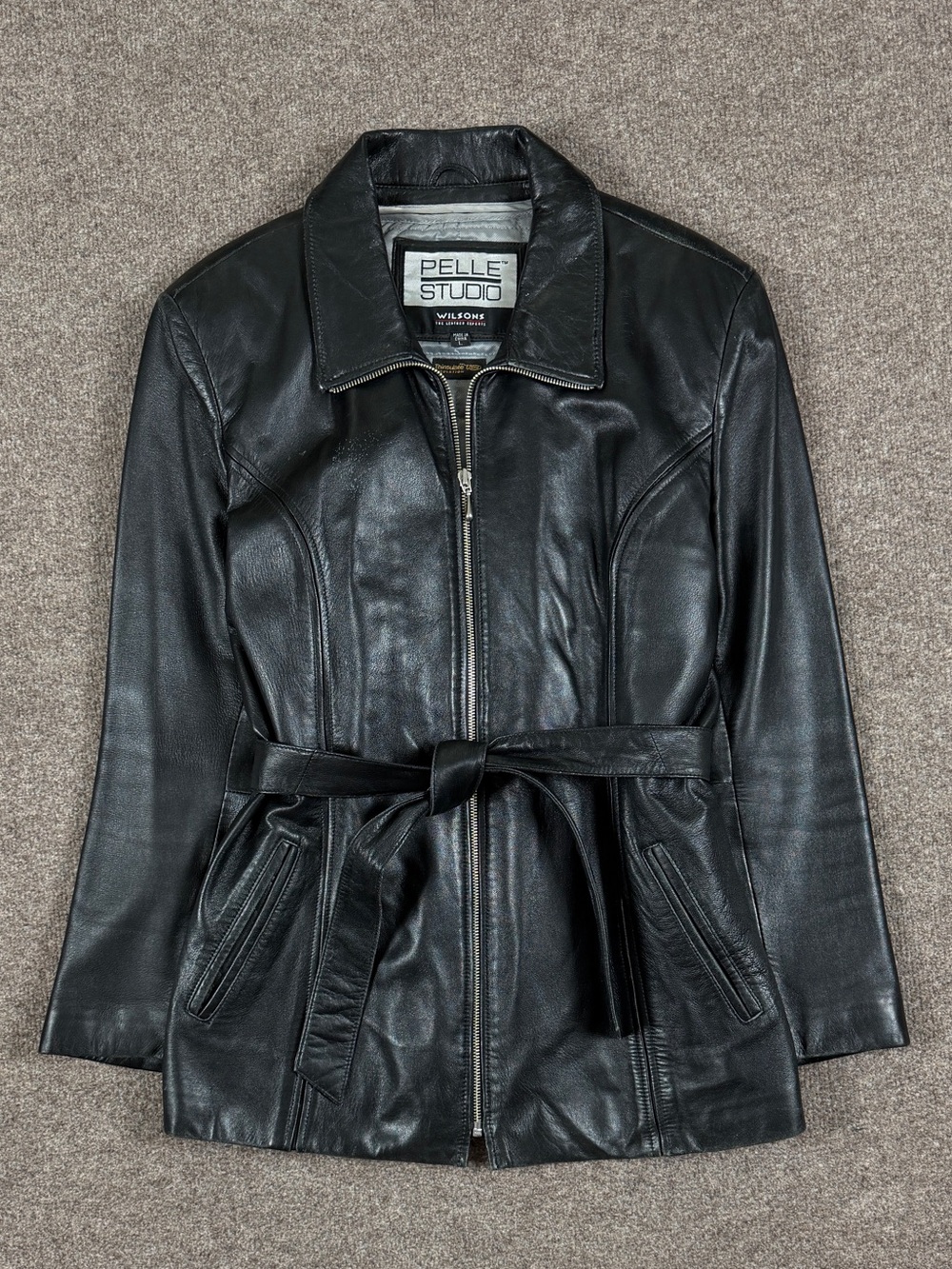 Vintage Wilsons Pelle Studio Black Leather Zip Up Belted Jacket Womens Large 90s